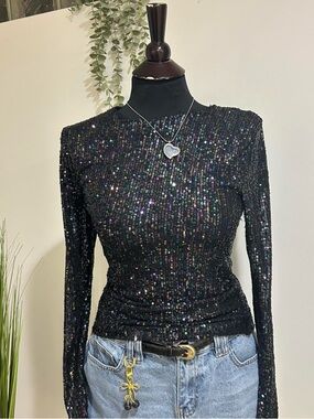 Free People Women's Black Sequin Long-Sleeve Evening Top Size XS
